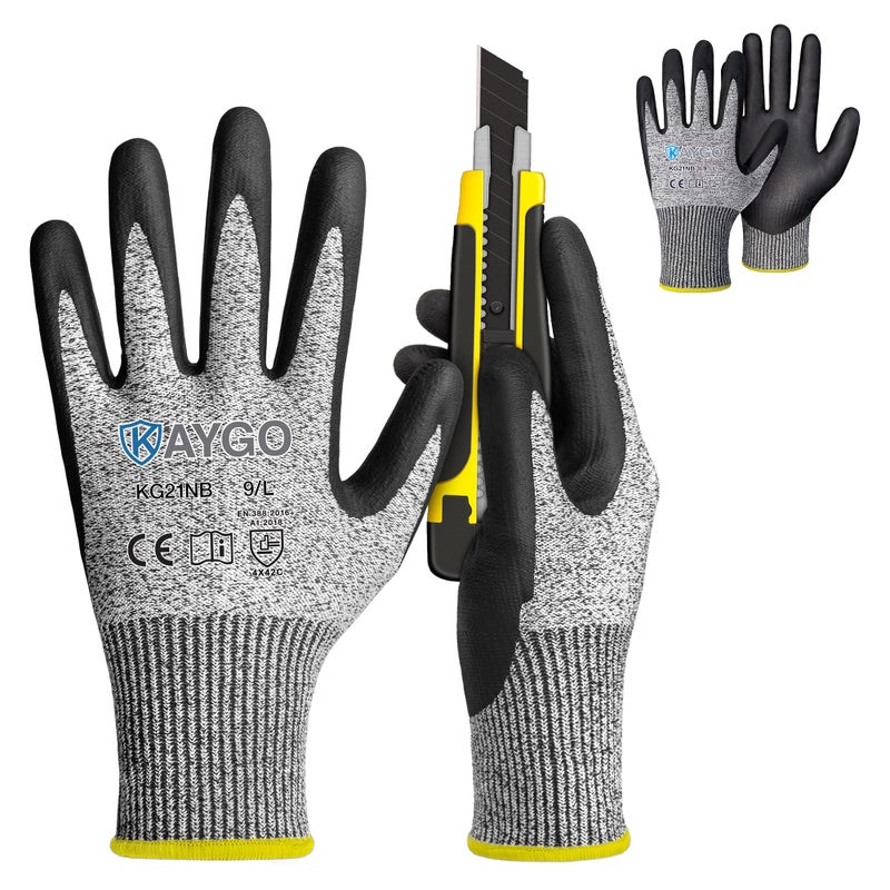 KAYGO 2 Pairs A3 Cut Resistant Gloves for Men and Women, ANSI Cut Level A3 Nitrile Micro-Foam Safety Gloves KG21NB, Durable, Ideal for Wood Carving, Glass Handling, Construction, Fishing, L, Grey - Image 1